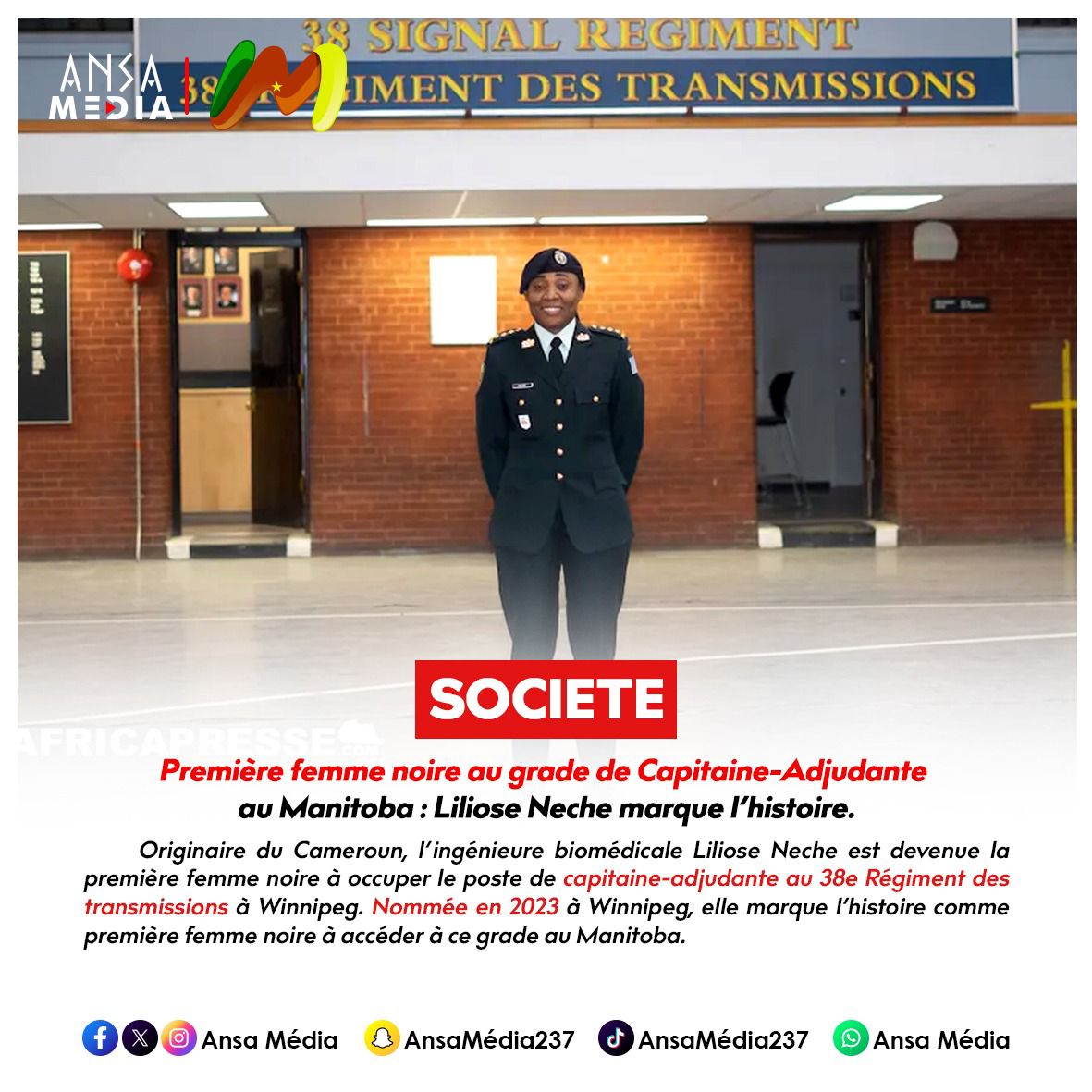 Première femme noire au grade de Capitaine-Adjudante au Manitoba : Liliose Neche marque l’histoire.