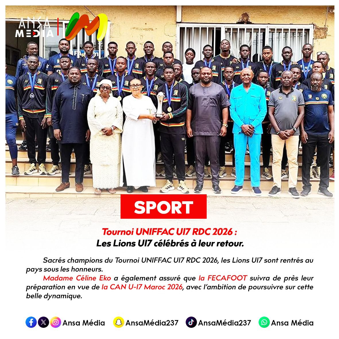 Tournoi UNIFFAC U17 RDC 2026 : Les Lions U17 célébrés à leur retour.