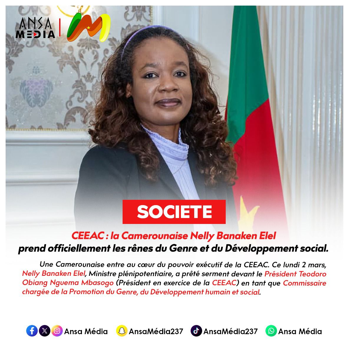 Nelly Banaken Elel prend officiellement les rênes du Genre et du Développement social