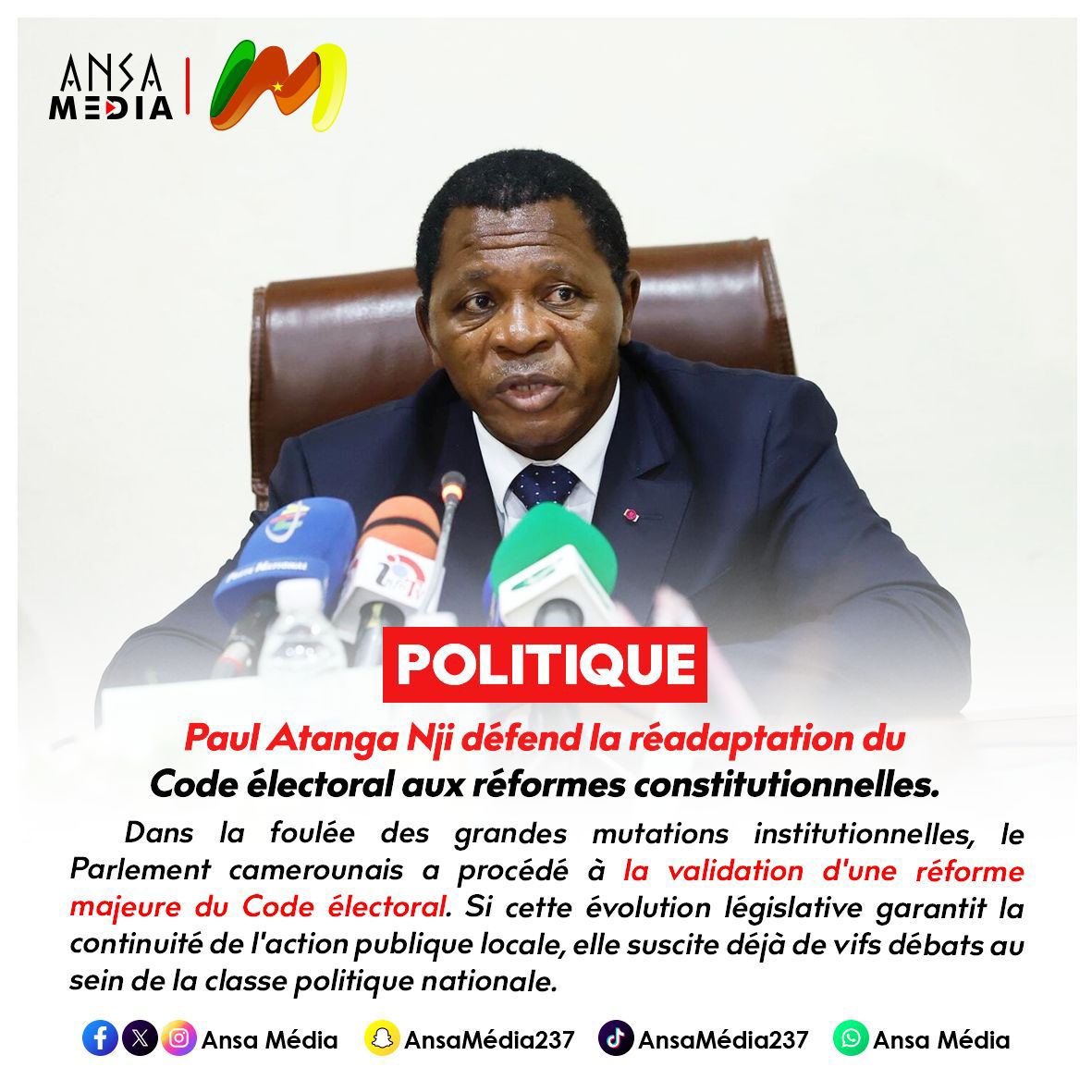 Paul Atanga Nji défend la réadaptation du Code électoral aux réformes constitutionnelles.