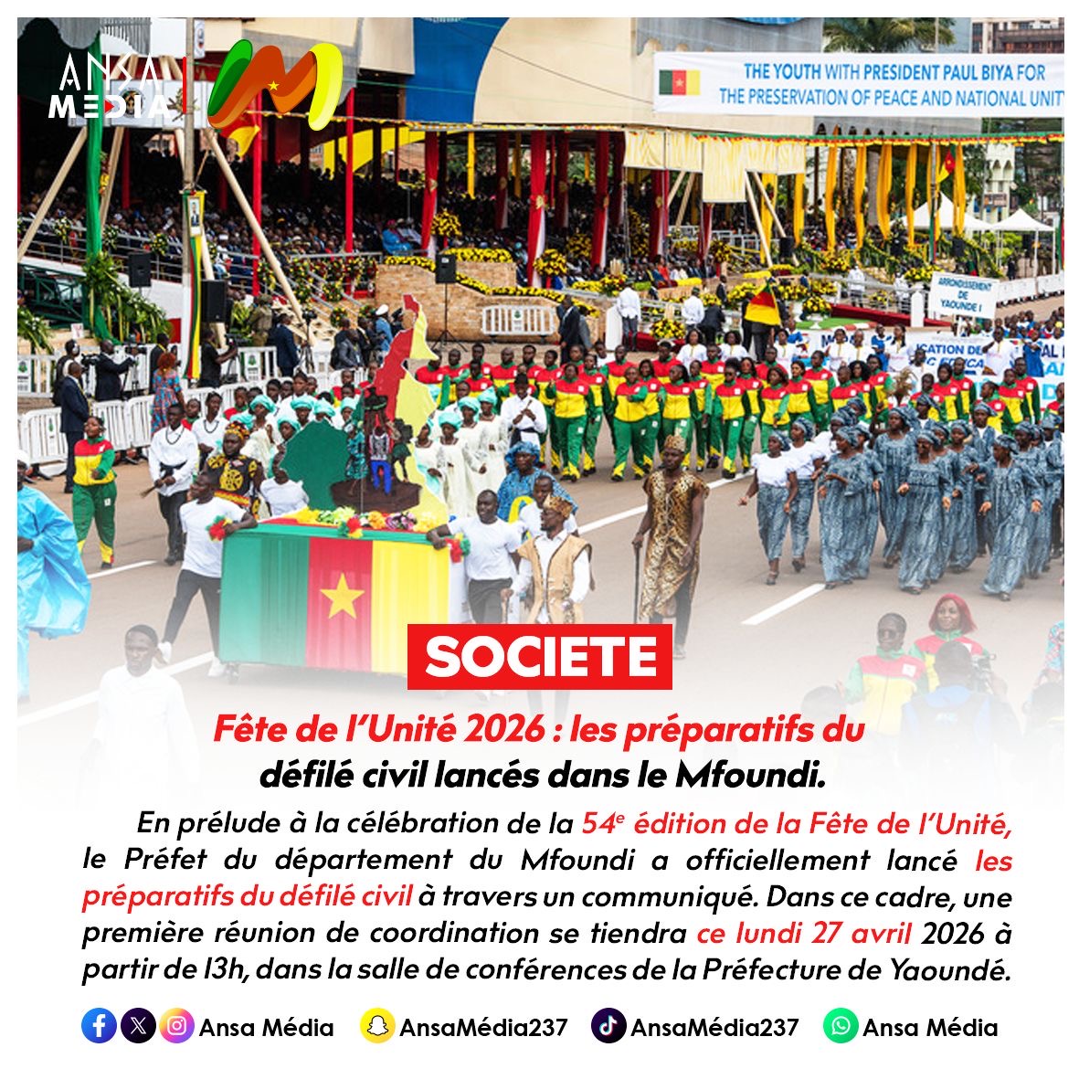 Fête de l’Unité 2026 : les préparatifs du défilé civil lancés dans le Mfoundi.
