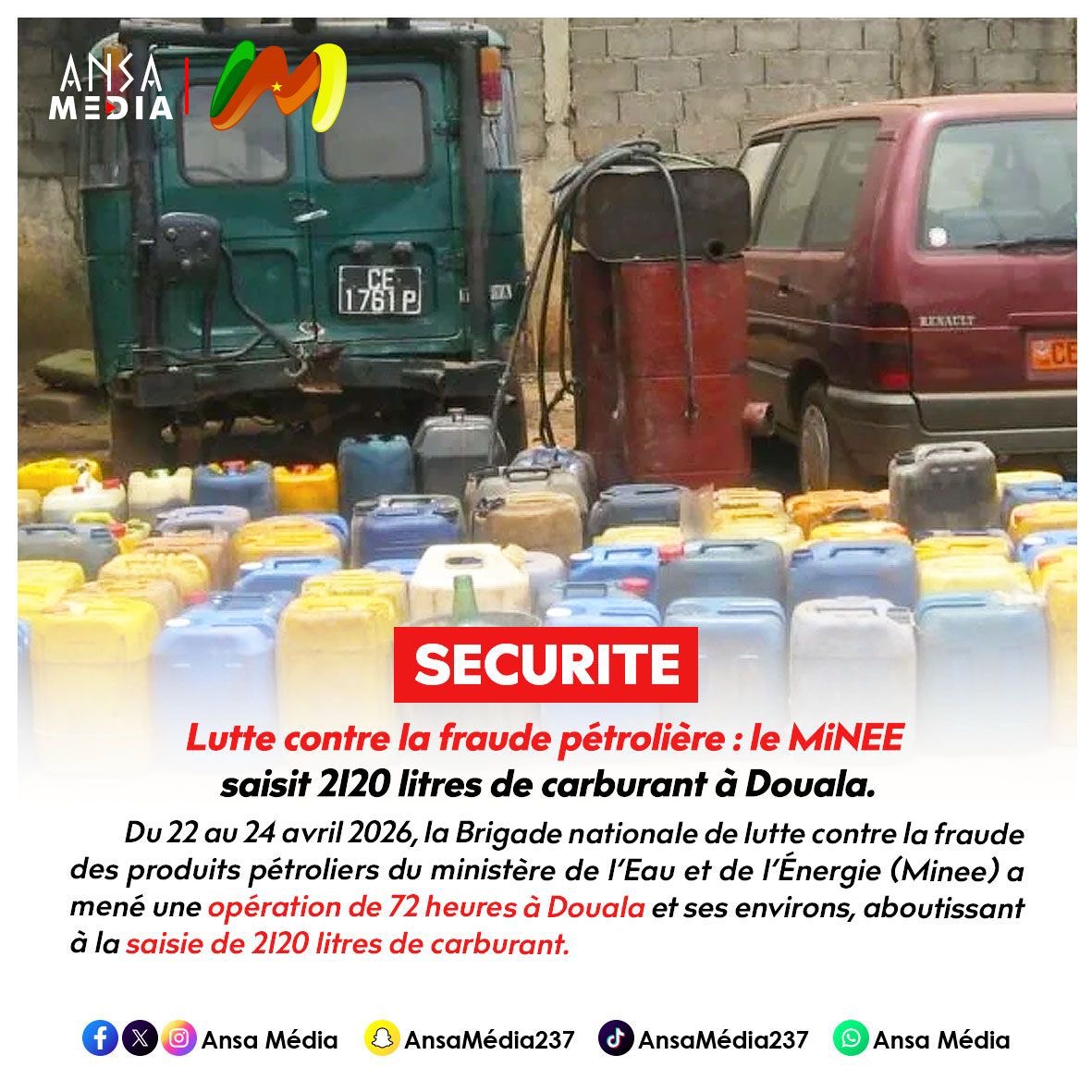 Lutte contre la fraude pétrolière : le Minee saisit 2120 litres de carburant à Douala.