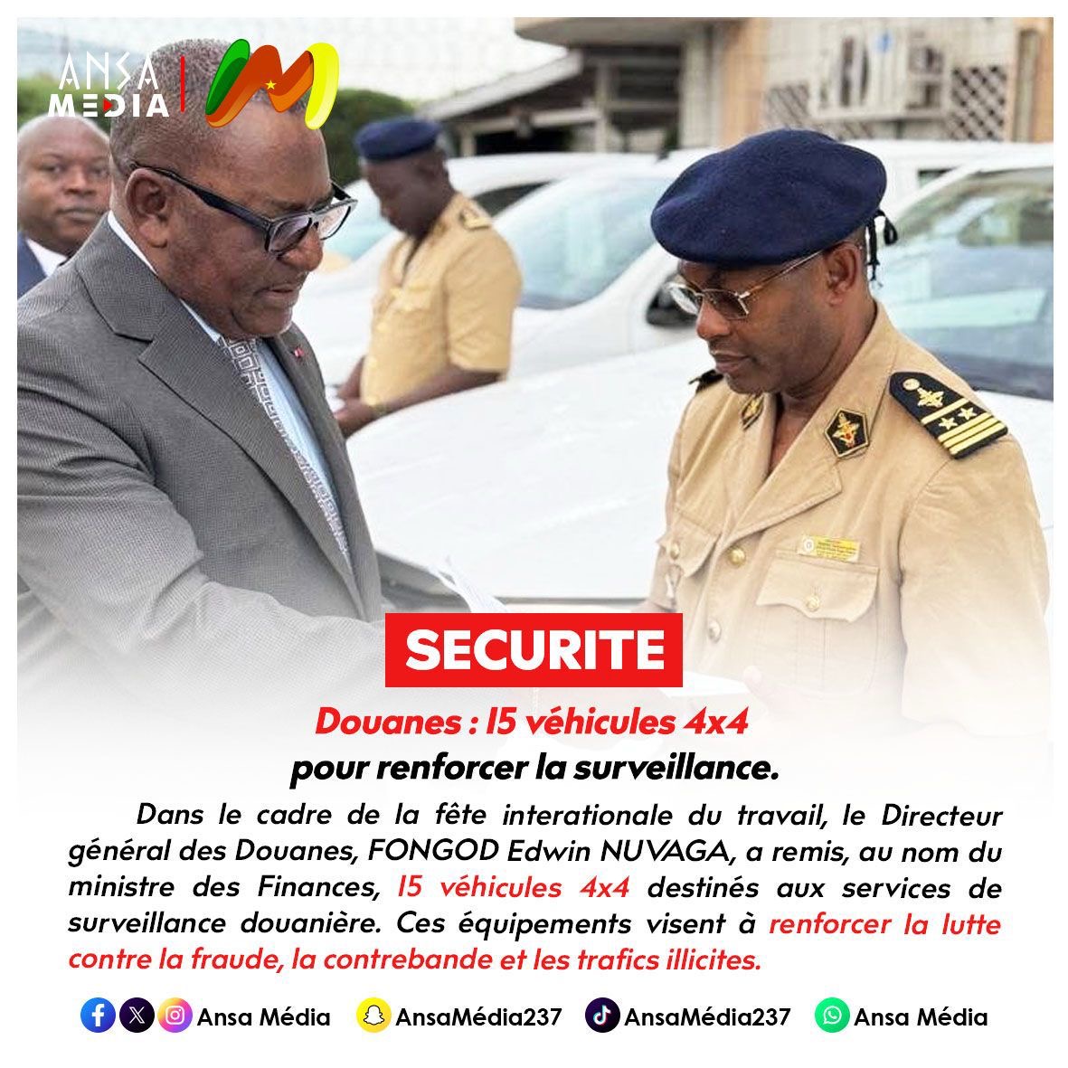 Direction générale des Douanes : 15 véhicules 4x4 pour renforcer la surveillance.