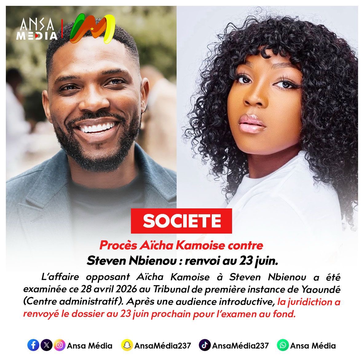 Procès Aïcha Kamoise contre Steven Nbienou : renvoi au 23 juin.