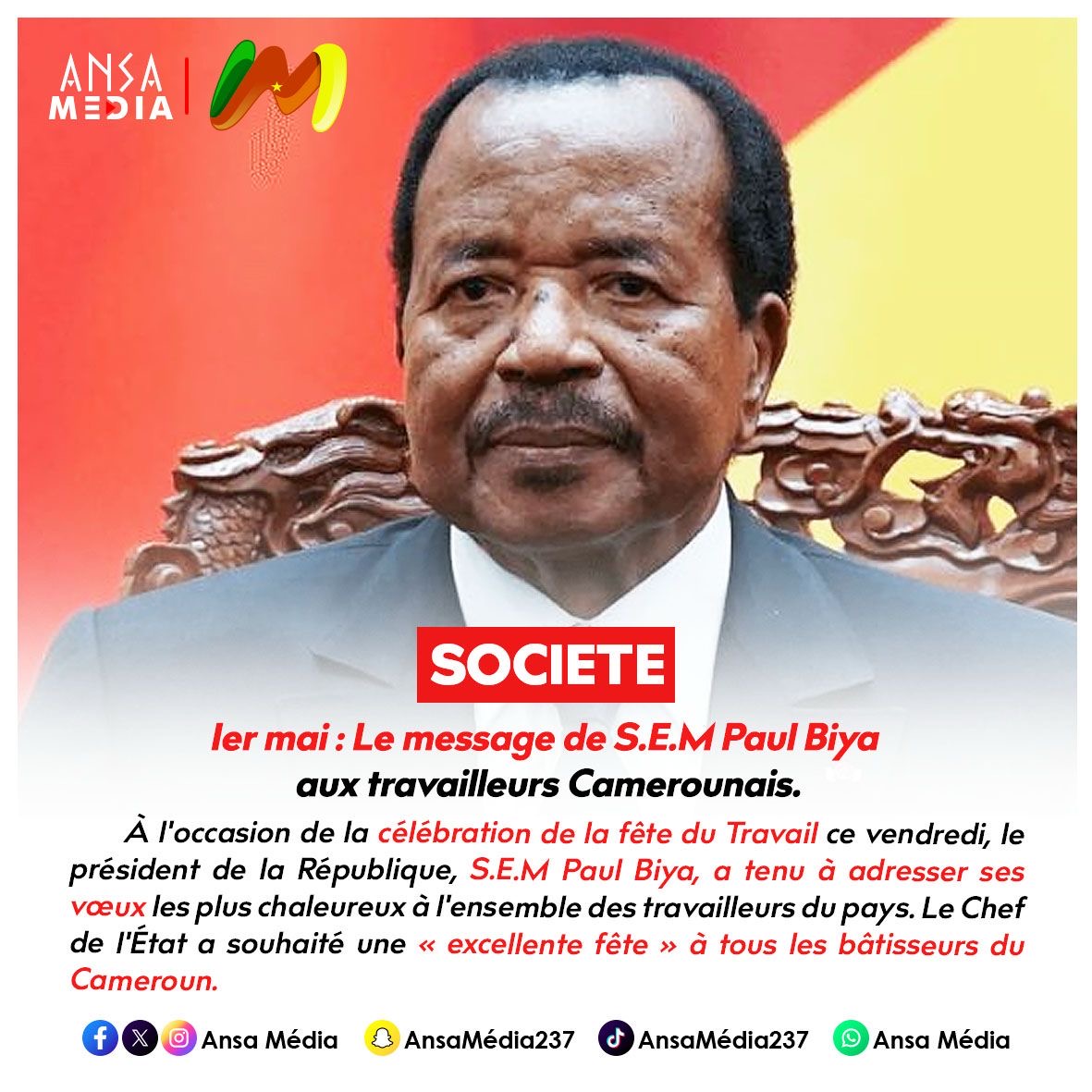 1er mai : Le message de S.E.M Paul Biya aux travailleurs Camerounais.