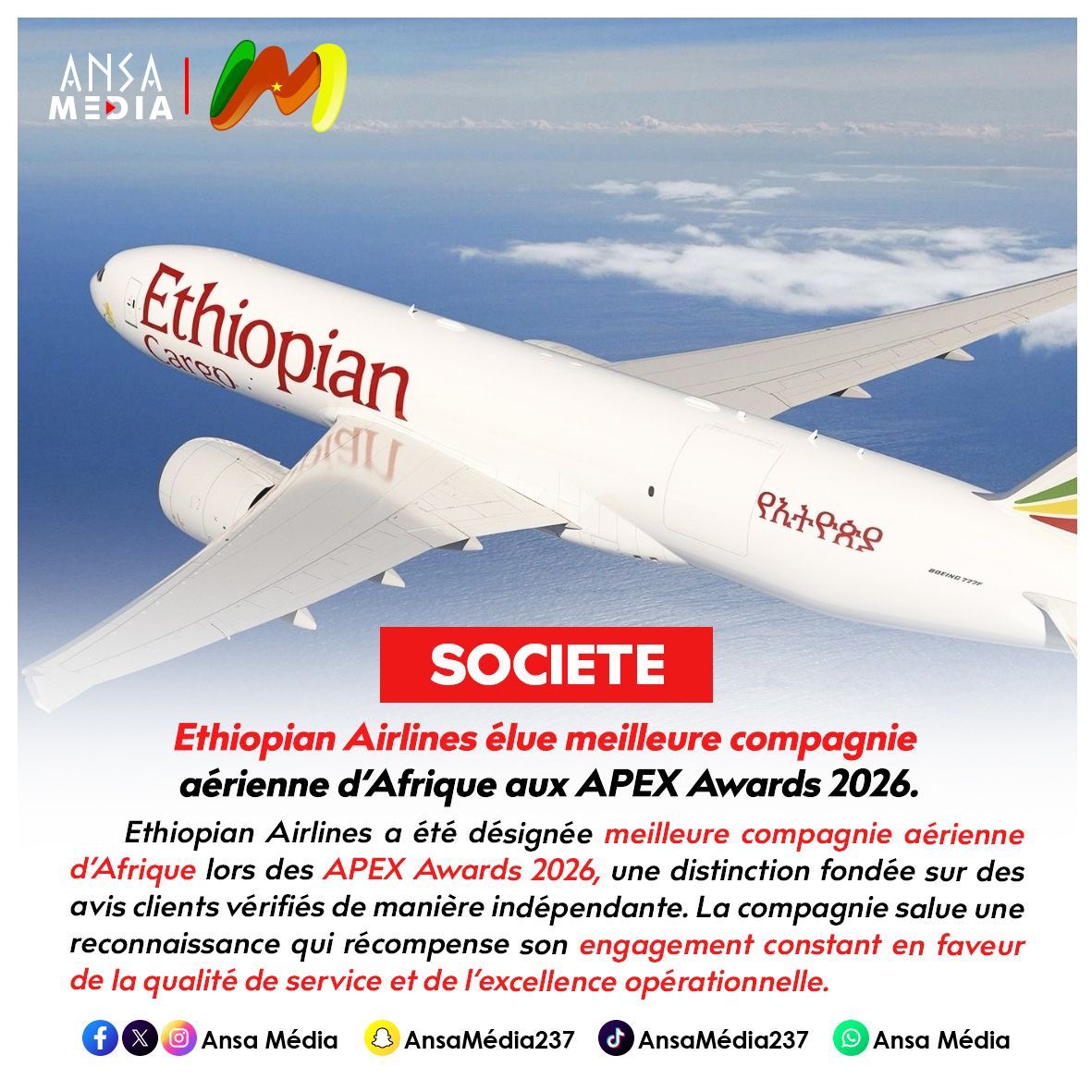 Ethiopian Airlines élue meilleure compagnie aérienne d’Afrique aux APEX Awards 2026.