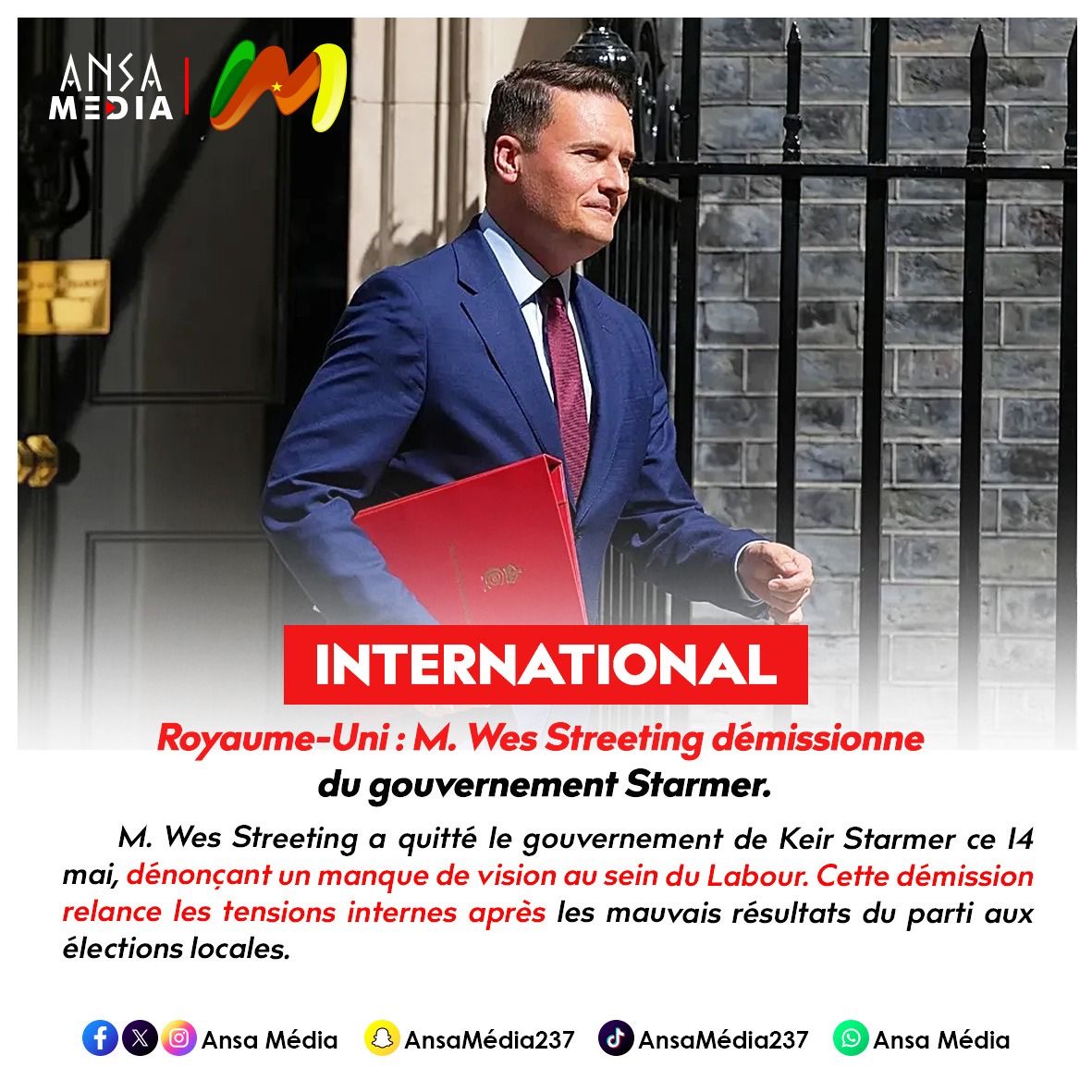Royaume-Uni : M. Wes Streeting démissionne du gouvernement Starmer.