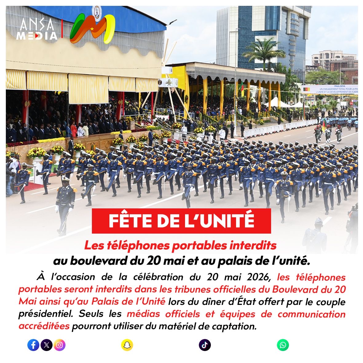 LES TÉLÉPHONES PORTABLES INTERDITS AU BOULEVARD DU 20 MAI ET AU PALAIS DE L’UNITÉ.