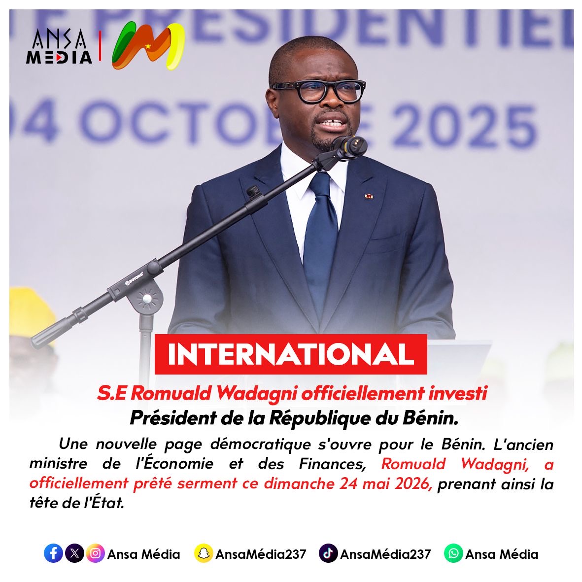 S.E Romuald Wadagni officiellement investi Président de la République du Bénin.