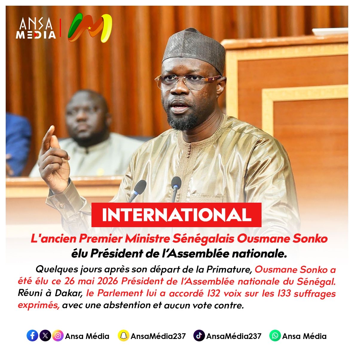 L'ancien Premier Ministre Sénégalais Ousmane Sonko élu Président de l’Assemblée nationale.