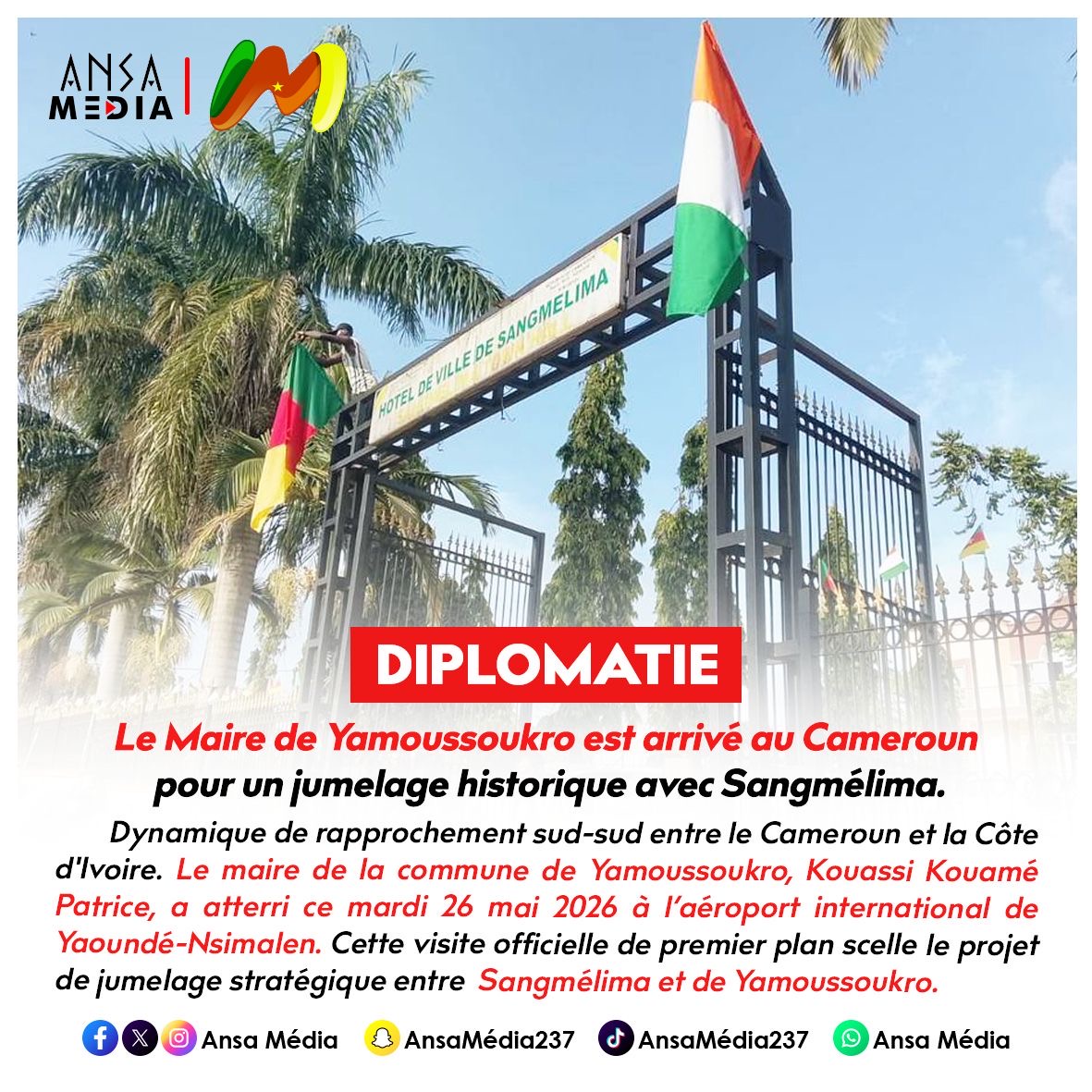 Le Maire de Yamoussoukro est arrivé au Cameroun pour un jumelage historique avec Sangmélima.