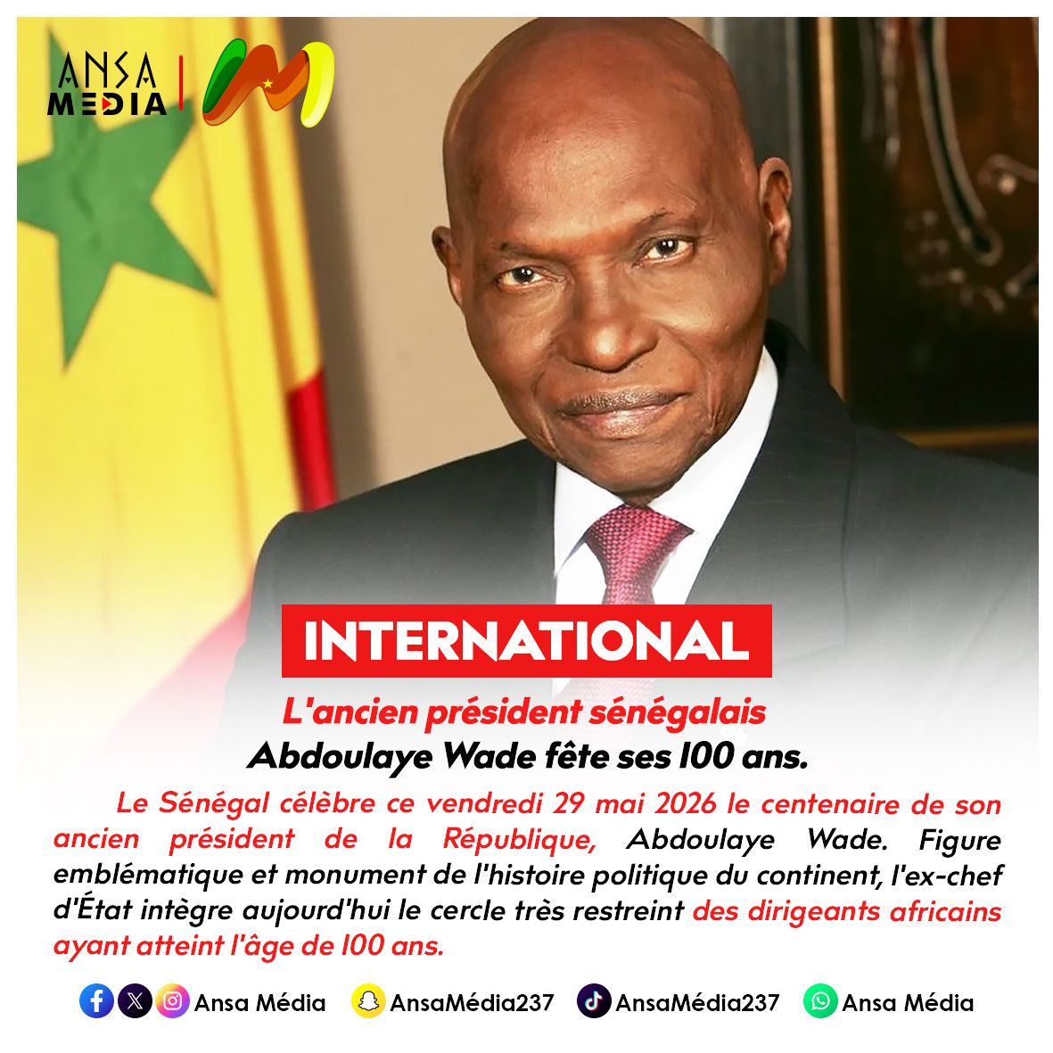 International : L'ancien président sénégalais Abdoulaye Wade fête ses 100 ans.