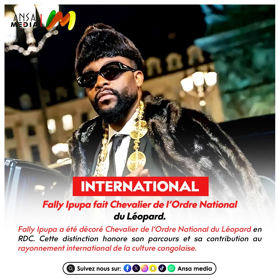 Fally Ipupa fait Chevalier de l’Ordre National du Léopard.