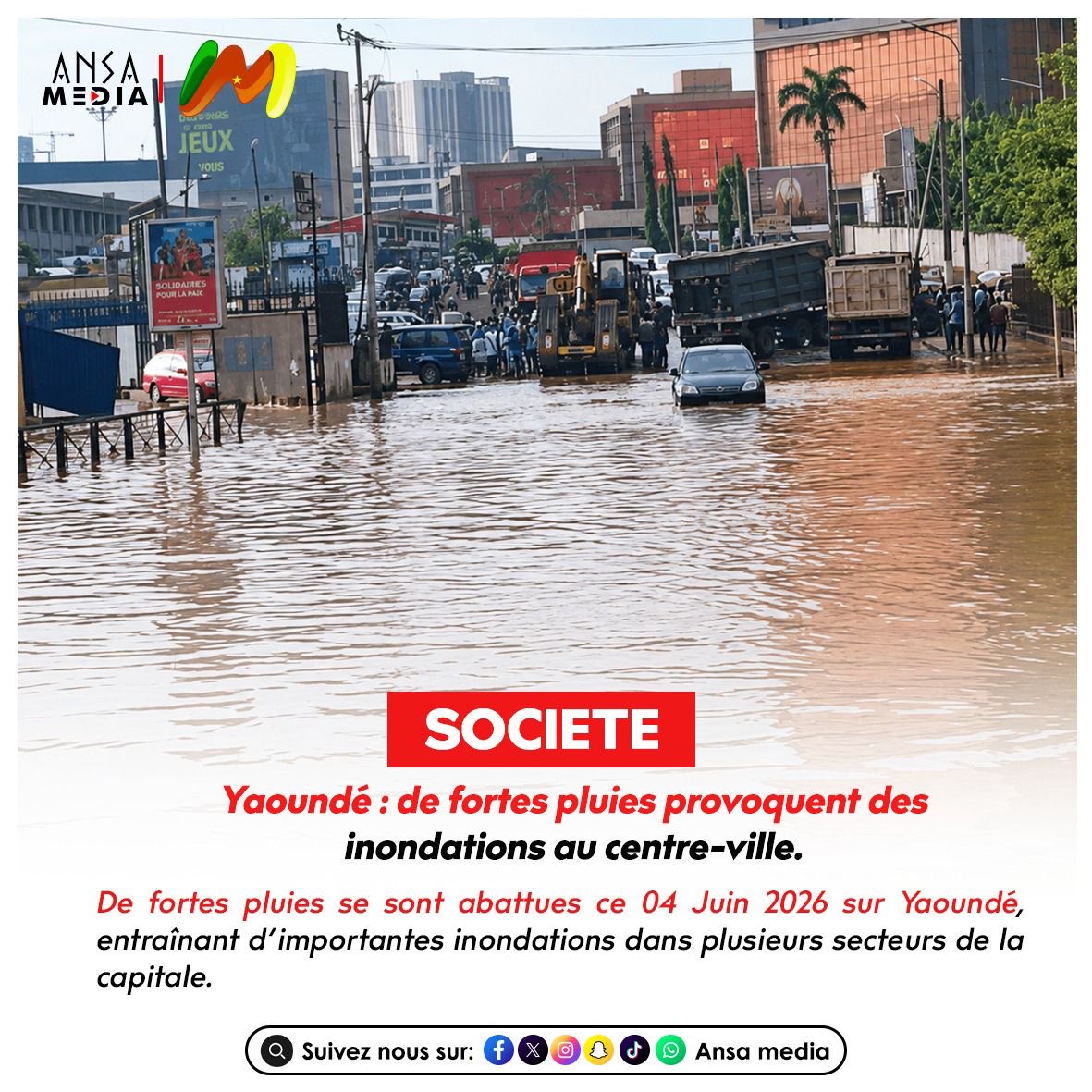 Yaoundé : de fortes pluies provoquent des inondations au centre-ville.