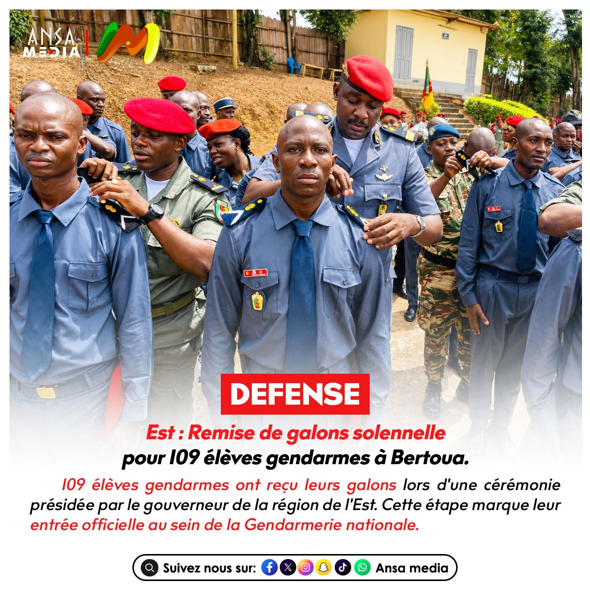 Est : Remise de galons solennelle pour 109 élèves gendarmes à Bertoua.