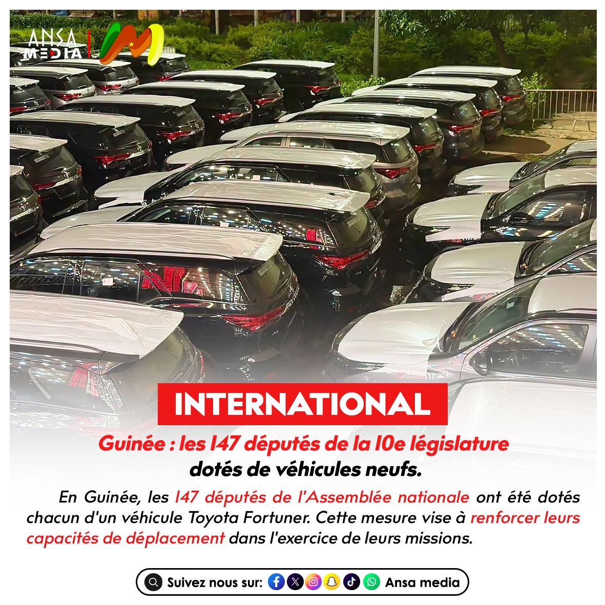 Guinée : les 147 députés de la 10ᵉ législature dotés de véhicules neufs.