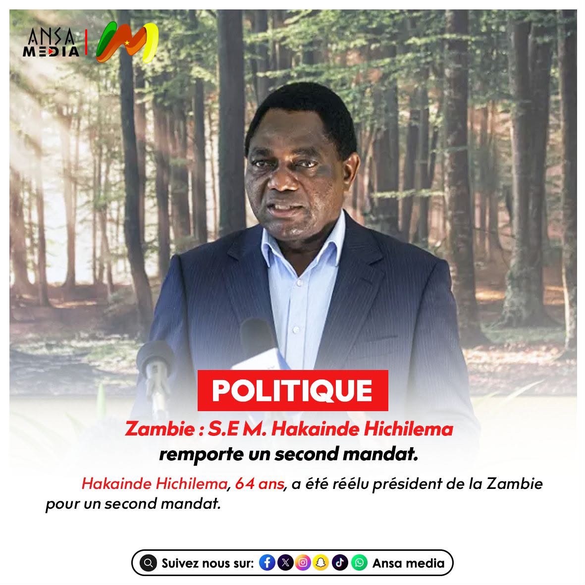 Zambie : S.E M. Hakainde Hichilema remporte un second mandat.