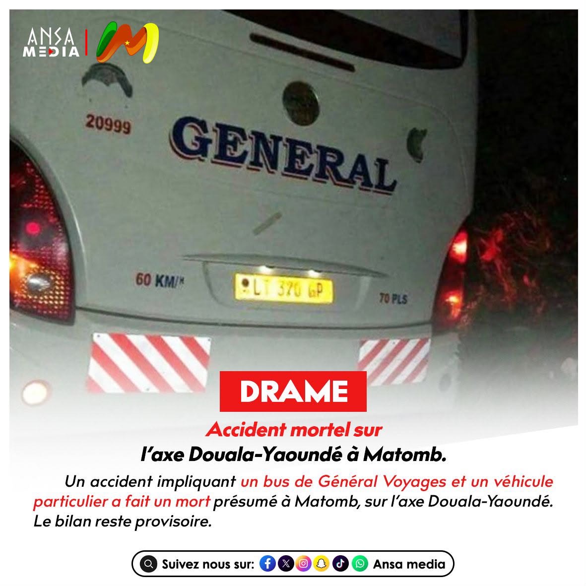 Accident mortel sur l’axe Douala-Yaoundé à Matomb.