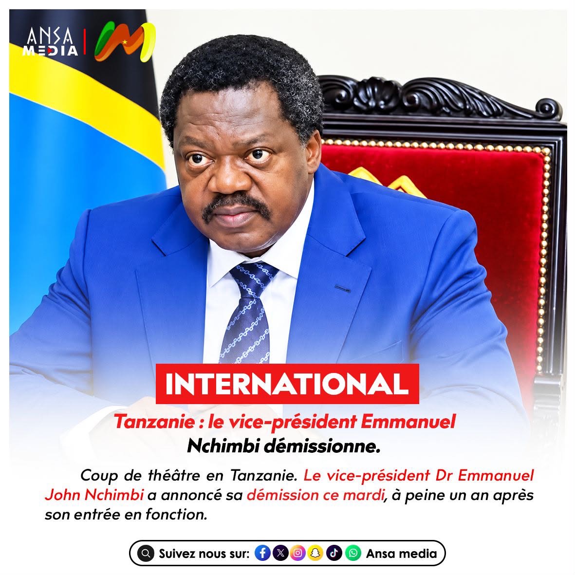 Tanzanie : le vice-président Emmanuel Nchimbi démissionne.