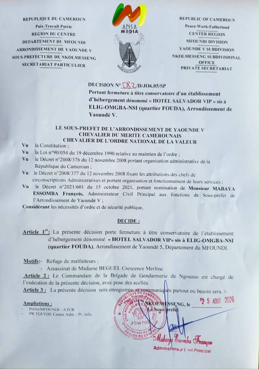 L'Hôtel Salvador VIP scellé et fermé par le sous-préfet après l'assassinat d'une cliente.