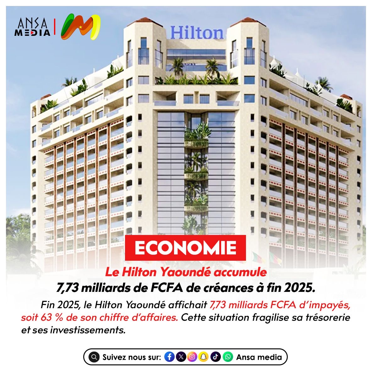 Le Hilton Yaoundé accumule 7,73 milliards de FCFA de créances à fin 2025.