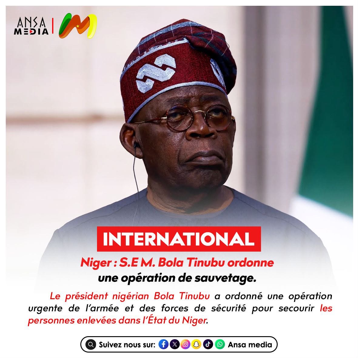 S.E M. Bola Tinubu ordonne une opération de sauvetage après un enlèvement massif