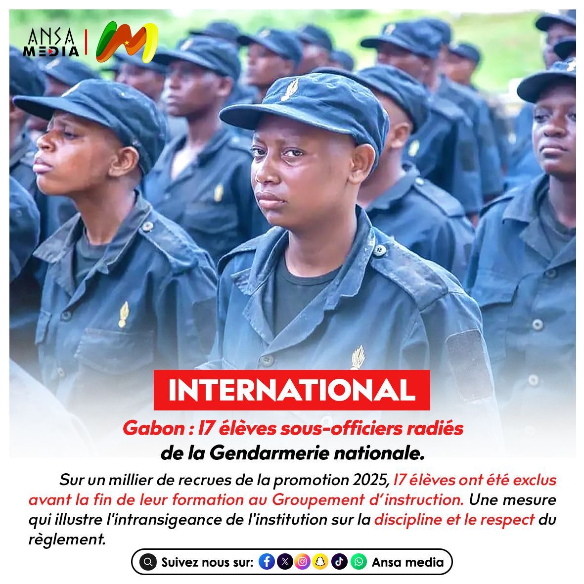 Gabon : 17 élèves sous-officiers radiés de la Gendarmerie nationale.