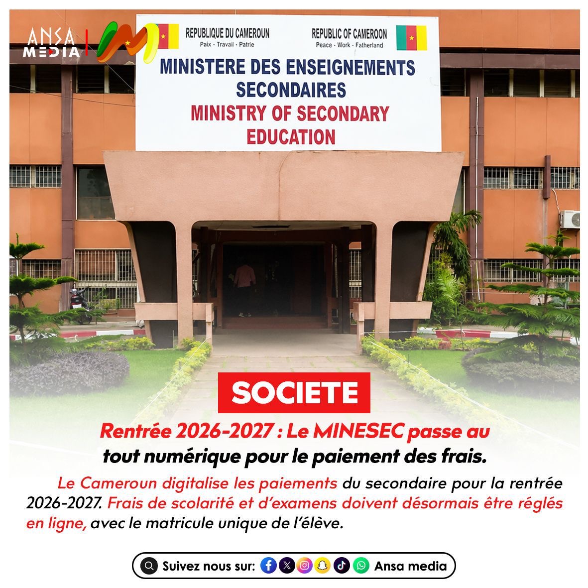 Le Ministère des Enseignements Secondaires passe au tout numérique pour le paiement des frais.