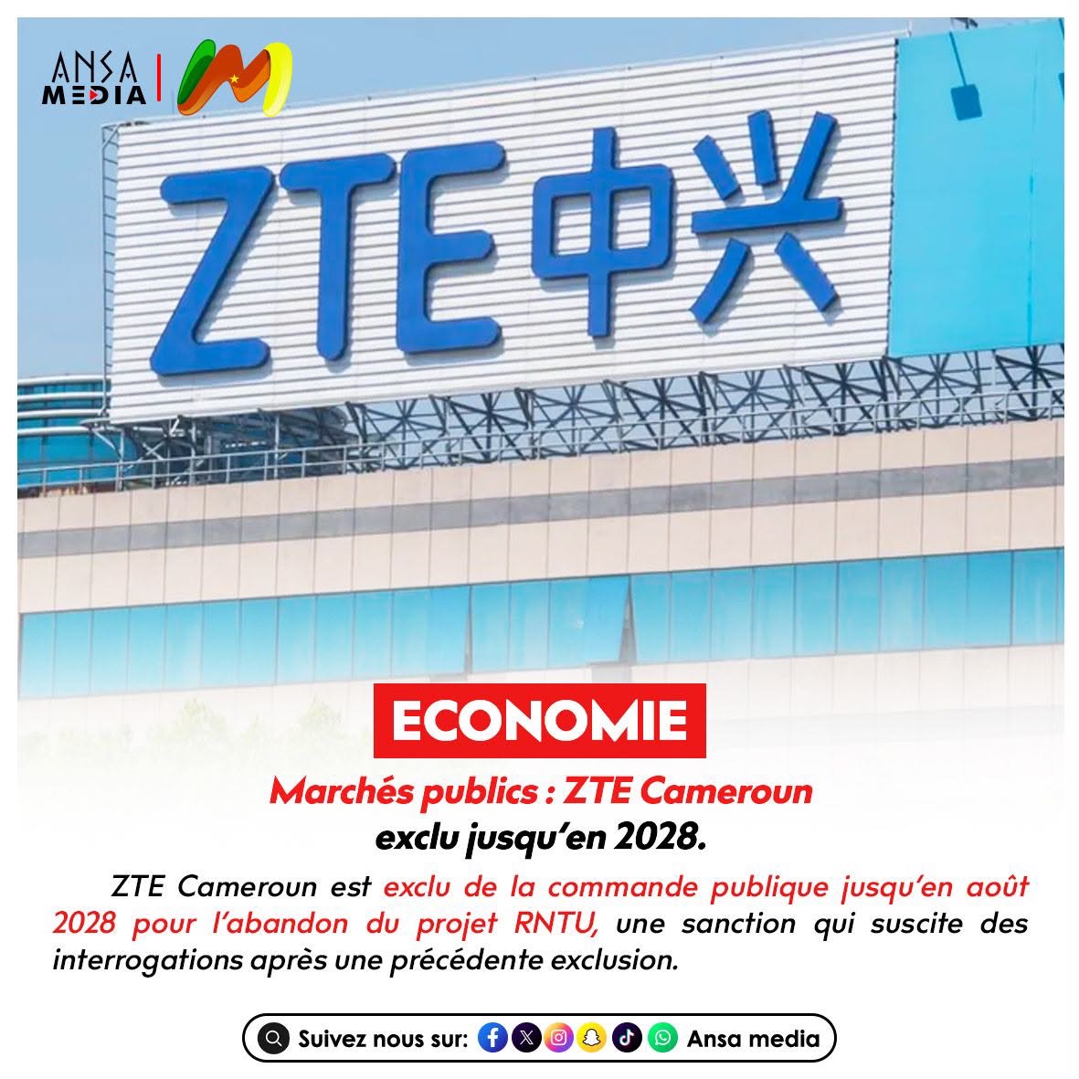 Marchés publics : ZTE Cameroun exclu jusqu’en 2028.