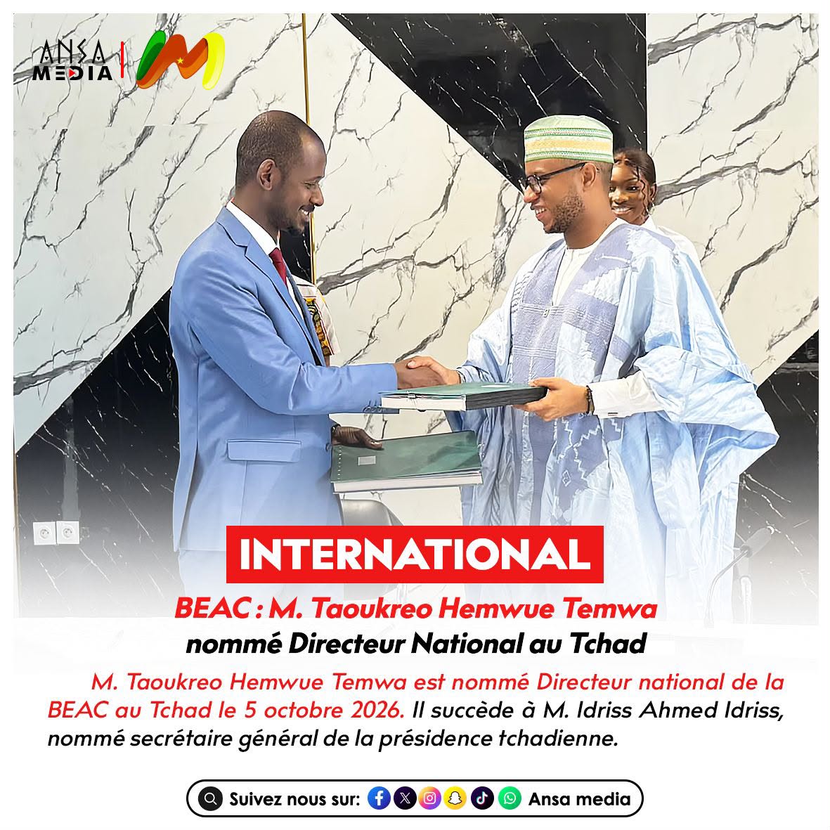 BEAC : M. Taoukreo Hemwue Temwa nommé Directeur National au Tchad