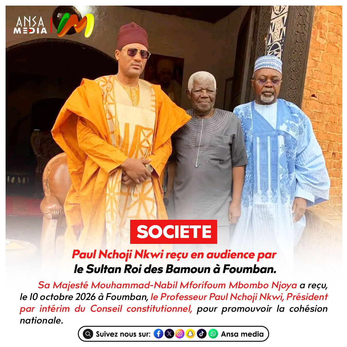 Paul Nchoji Nkwi reçu en audience par le Sultan Roi des Bamoun à Foumban.