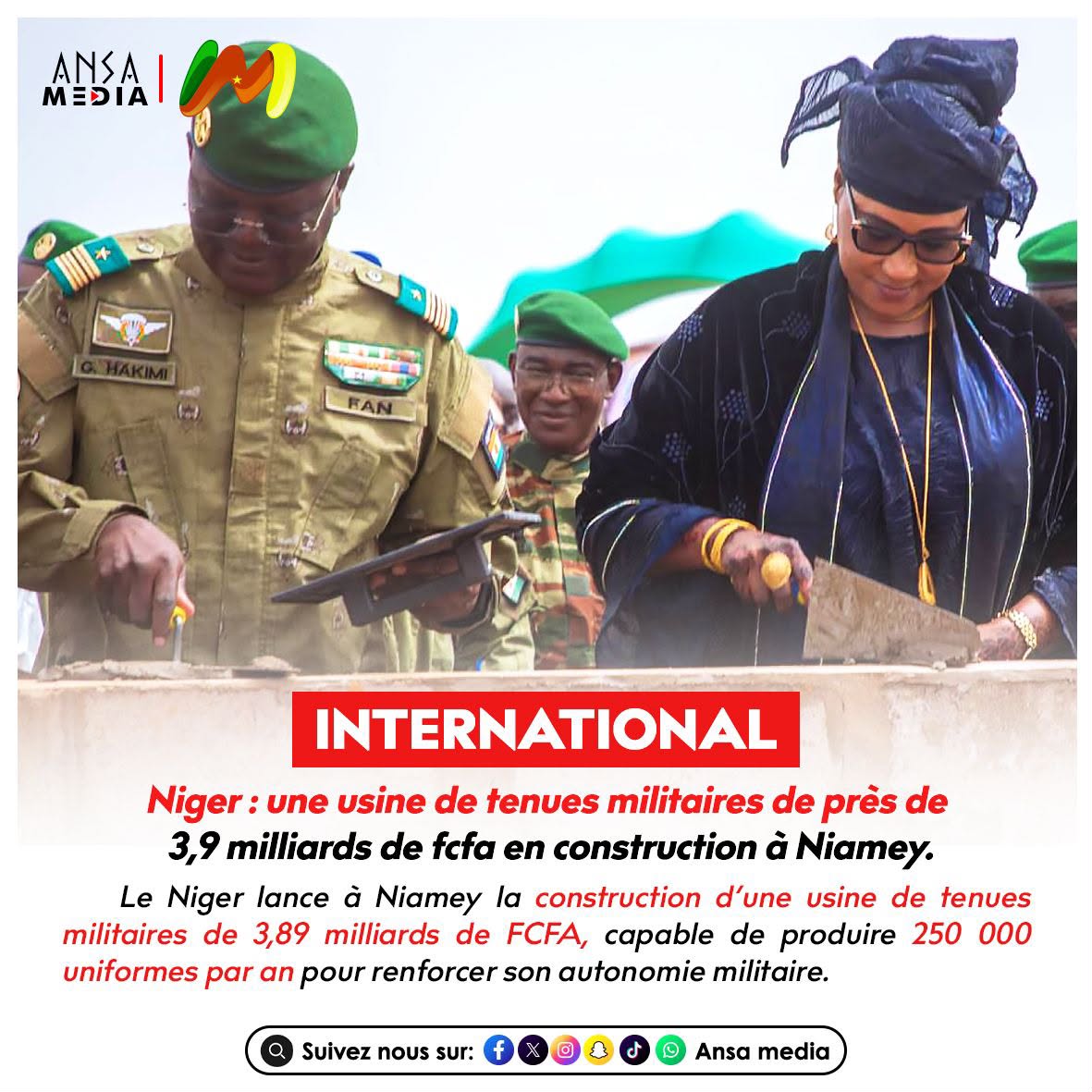 une usine de tenues militaires de près de 3,9 milliards de fcfa en construction à Niamey.
