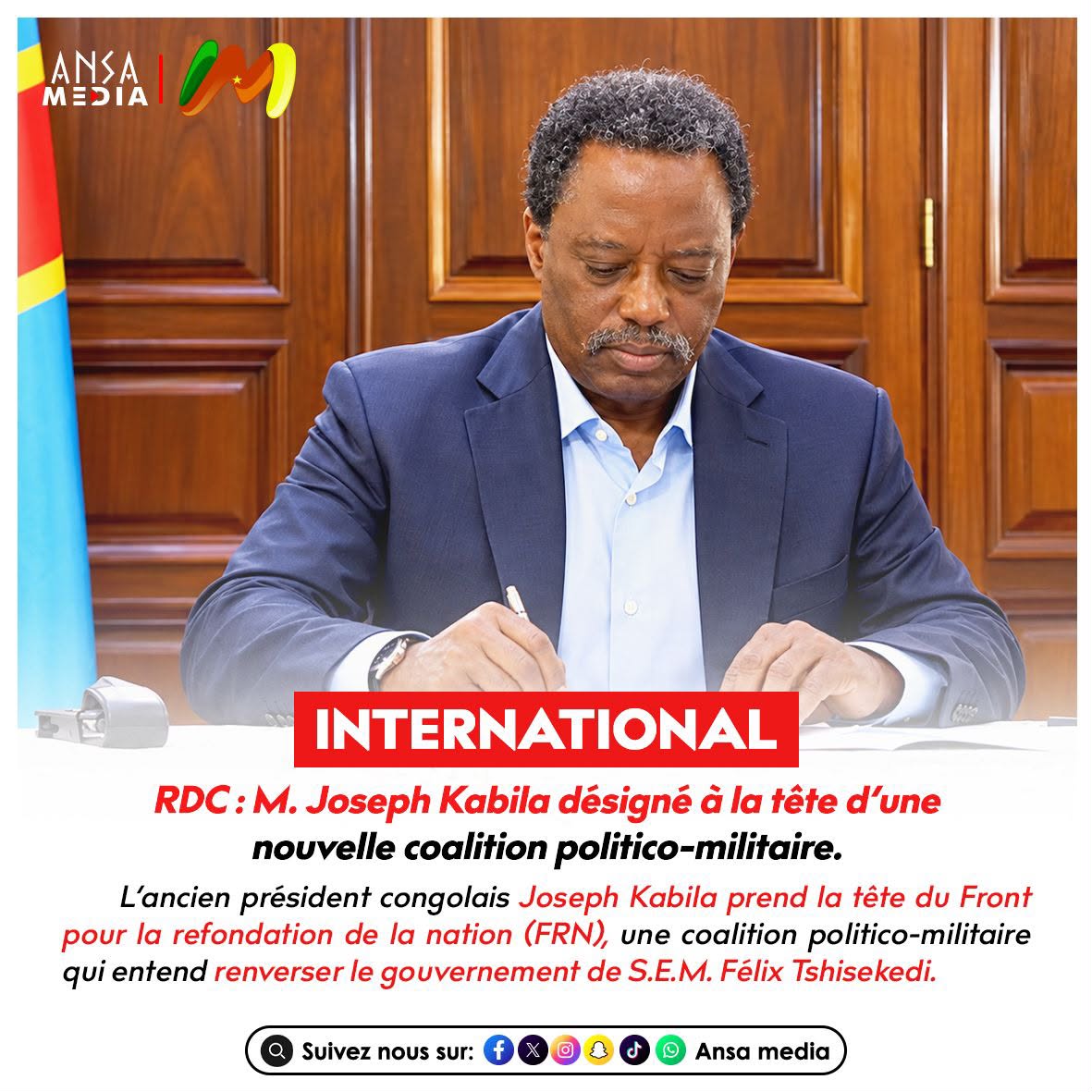 RDC : M. Joseph Kabila désigné à la tête d’une nouvelle coalition politico-militaire.