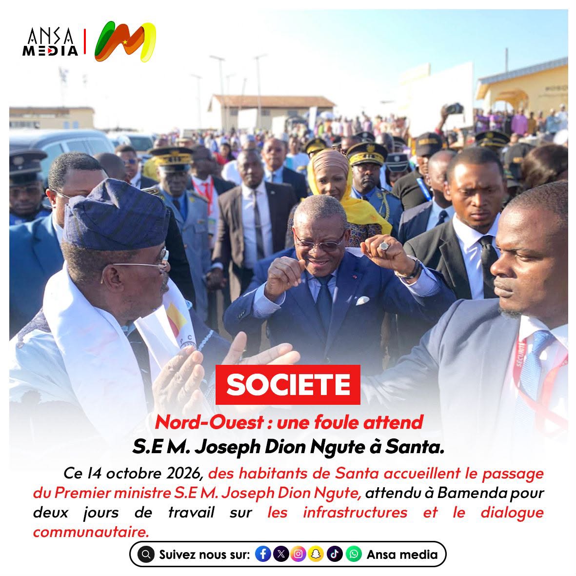 Nord-Ouest : une foule attend S.E M. Joseph Dion Ngute à Santa.